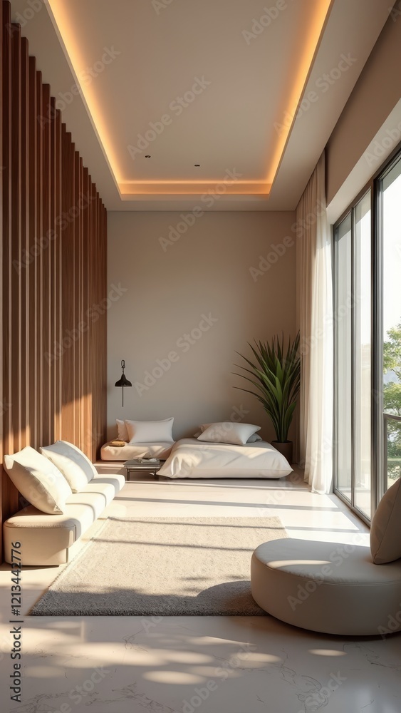 A serene and modern room with a large window, a comfortable couch, and a cozy rug A serene and modern room with a large window, a comfortable couch, and a cozy rug