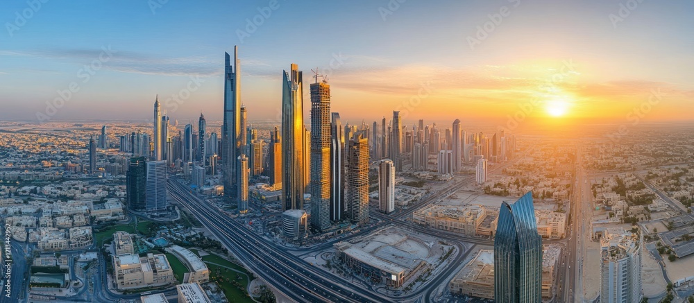 Fototapeta premium Panoramic sunset view of a modern city skyline with skyscrapers and highways.