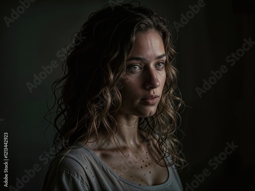 Cinematic Studio Portrait Of A Young Caucasian Serious Woman, Beautiful Female Model Studio Headshot With Dramatic Lighting, Looking Away Against Dark Background