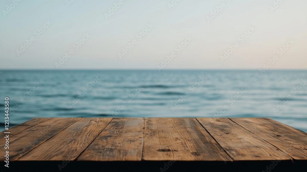 Empty wooden table overlooking tranquil ocean with blurred background Empty wooden table overlooking tranquil ocean with blurred background