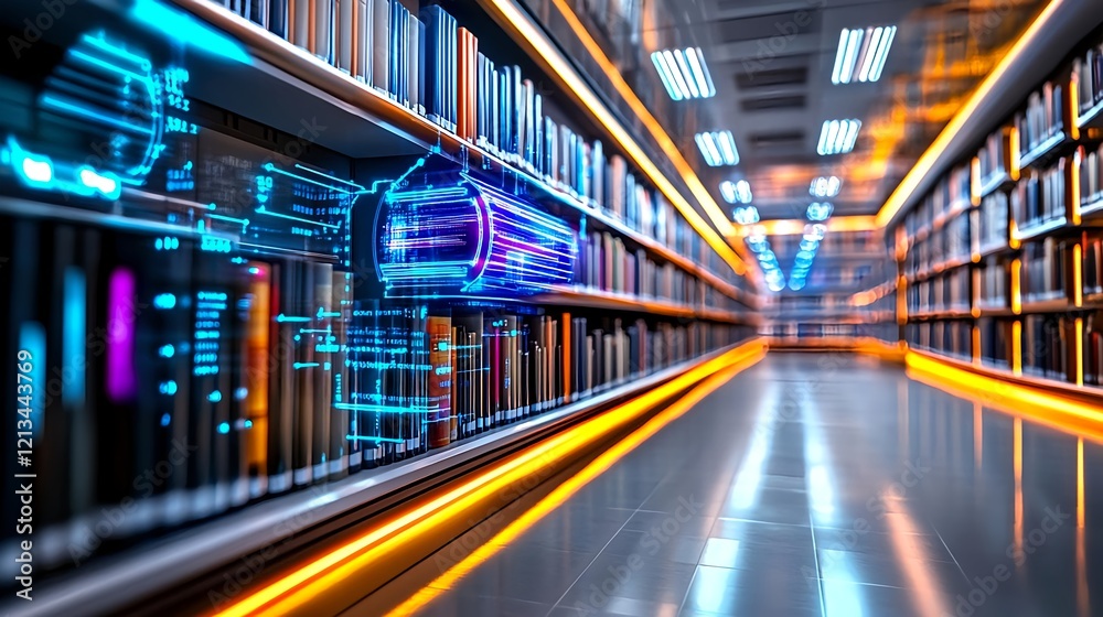 Fototapeta premium futuristic library, digital books, data flow - futuristic technology