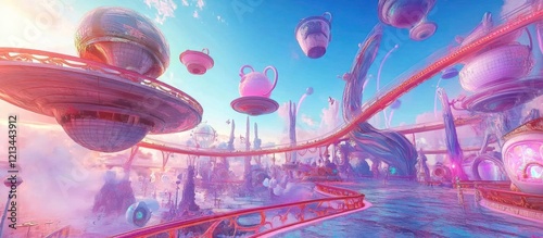 Whimsical futuristic city with flying teacups and pastel buildings.