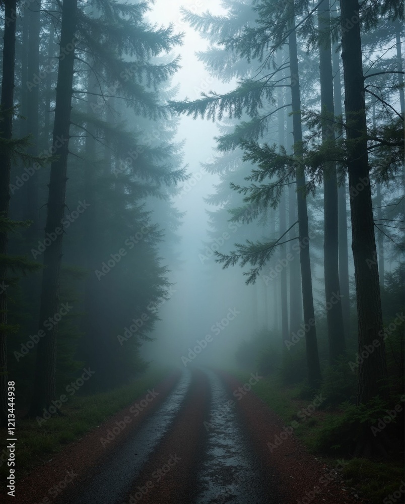 Fototapeta premium Misty Forest Pathway with Tall Trees and Ambient Fog Atmosphere