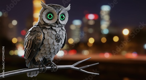 Steampunk Owl: A Nocturnal Mechanical Bird in City Lights photo