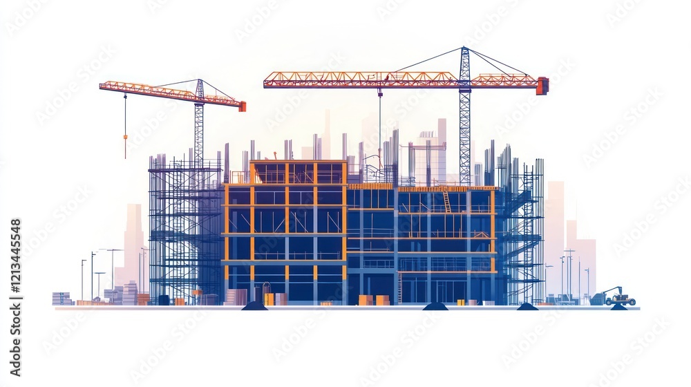 Construction site with cranes and scaffolding. Construction site with cranes and scaffolding.