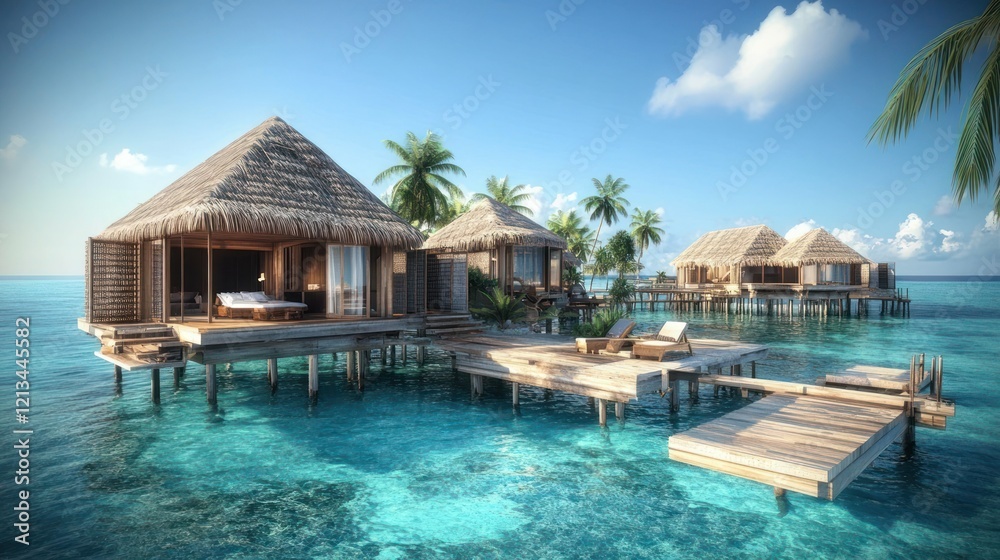 Tropical overwater bungalows on turquoise ocean. Tropical overwater bungalows on turquoise ocean.