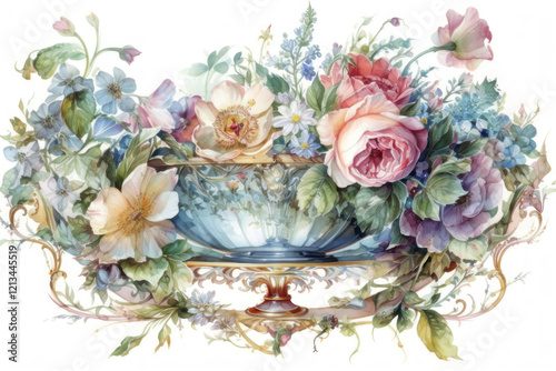 Watercolor painting of vintage porcelain vase with flowers.