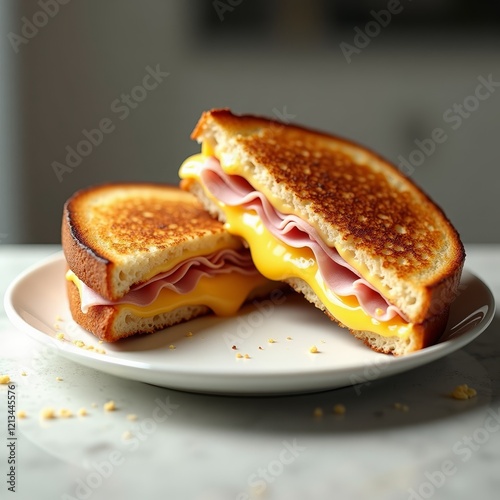 A toasted sandwich with melted cheese and ham photo