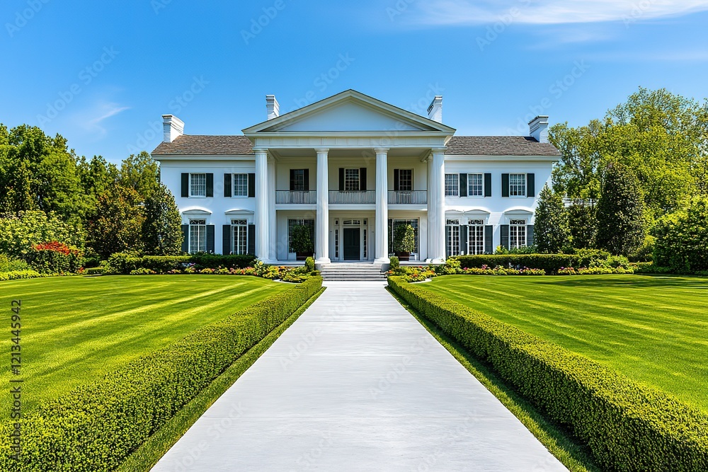 Fototapeta premium Grand white mansion with manicured lawn