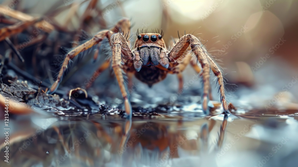 Brown spider with long legs in a puddle in nature, AI generated image