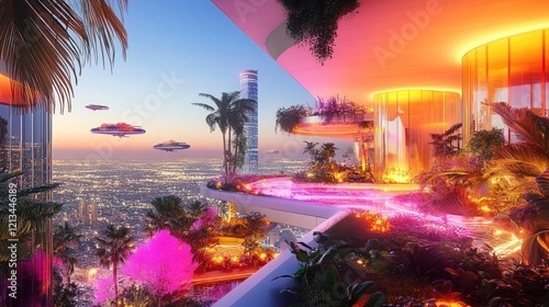 Breathtaking sunset view of a luxurious tropical villa with an infinity pool surrounded by lush palm trees and a stunning city skyline in the distance  This idyllic scene exudes a sense of opulence