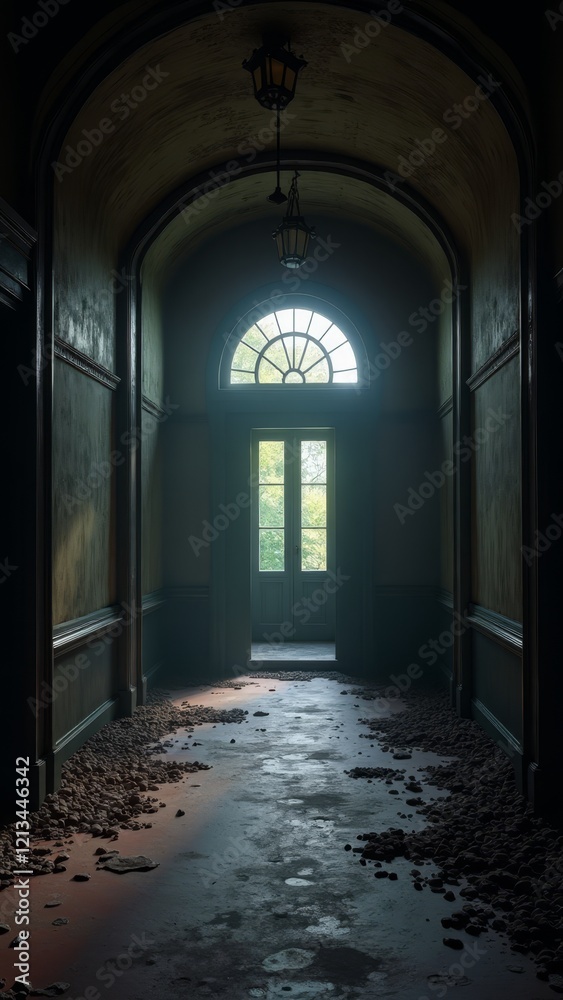 Fototapeta premium A dark, eerie hallway with a broken window and scattered debris