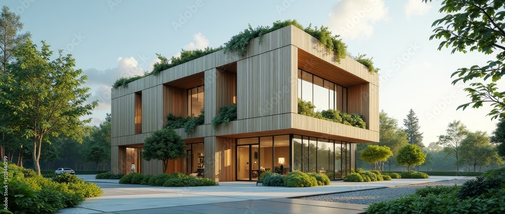Fototapeta premium Modern architecture with wooden facade, large windows, and lush greenery