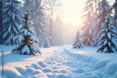 A serene winter wonderland with snow-covered trees and a gentle snowfall