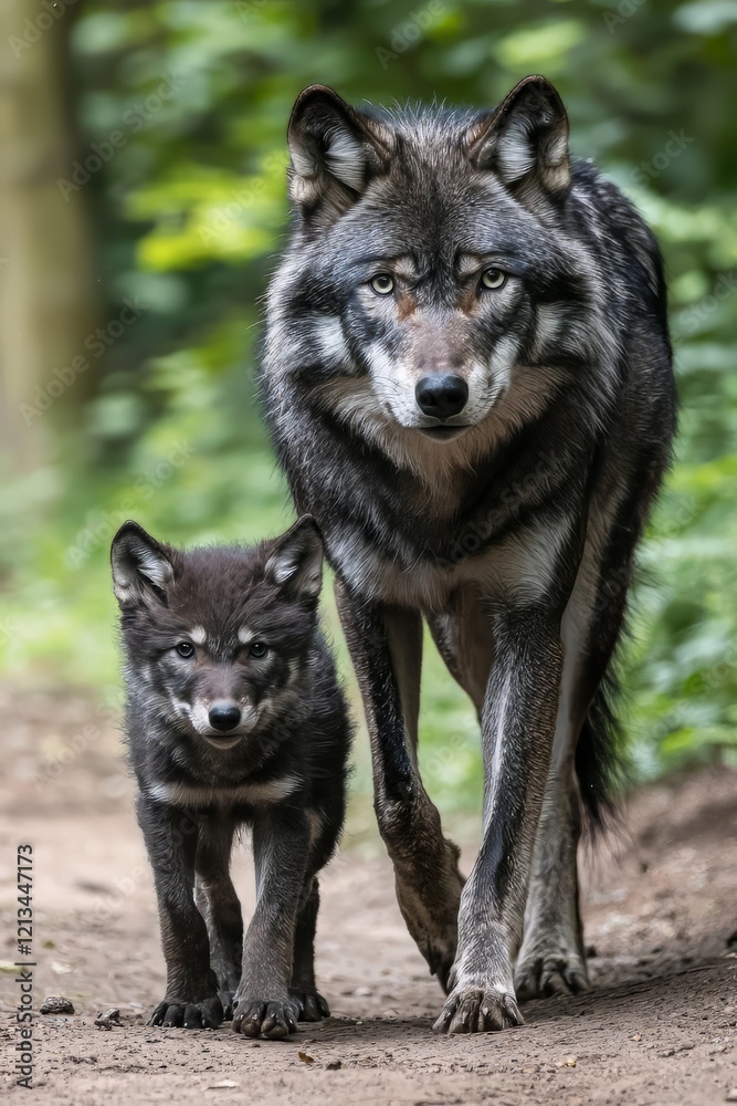A Heartwarming Journey: A Mother Wolf and Her Adorable Baby Wolf Exploring a Dirt Path Together A Heartwarming Journey: A Mother Wolf and Her Adorable Baby Wolf Exploring a Dirt Path Together