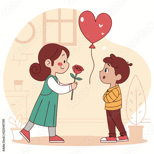 Valentine day girl and boy working