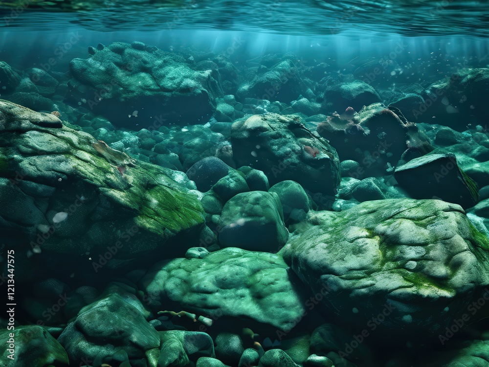Fototapeta premium the AI Image Generator, Tranquil Underwater Scene Featuring Sunlit Rocks
