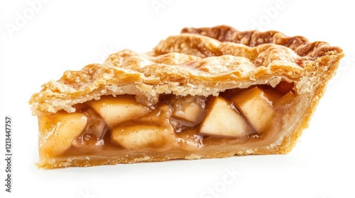 A slice of freshly baked apple pie with golden crust and bubbling filling, Each slice’s warm aroma and flaky texture captured with precision photo