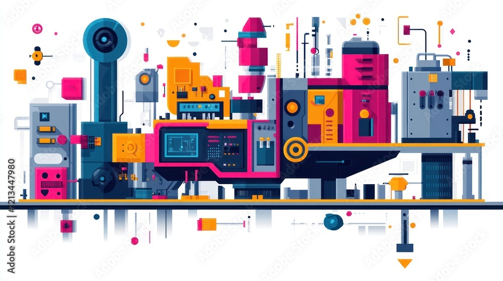 Obraz premium Futuristic factory with colorful machinery and technological elements.