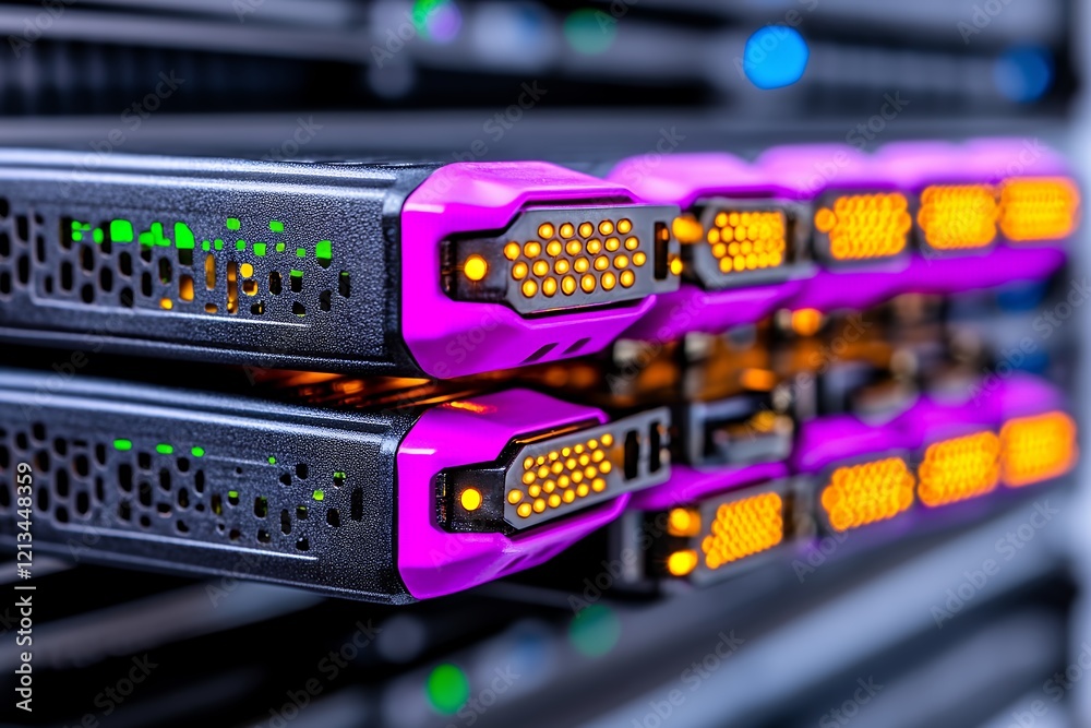Modern Data Center Server Rack with Colorful LED Indicators Modern Data Center Server Rack with Colorful LED Indicators