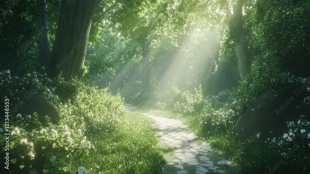 Obraz premium Sunlit path through lush green forest with white flowers.