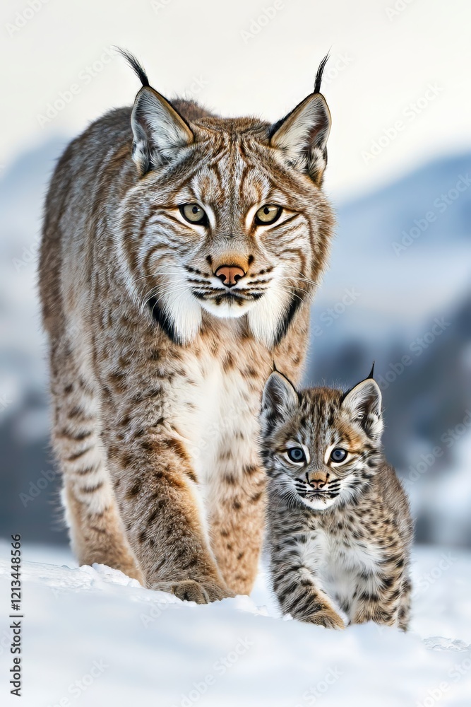 A Heartwarming Scene of a Lynx and Baby Lynx Exploring the Winter Wonderland Together in the Snow A Heartwarming Scene of a Lynx and Baby Lynx Exploring the Winter Wonderland Together in the Snow