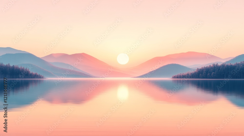 Fototapeta premium Serene sunrise over calm lake reflecting mountains.