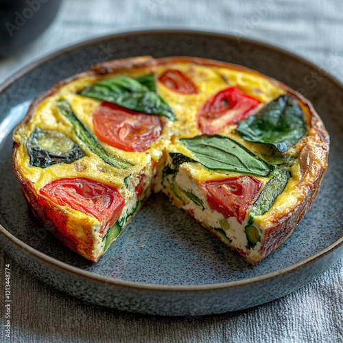 Savory Vegetable Tart: A delightful slice is removed from a rustic, round vegetable tart brimming with vibrant tomatoes, spinach, and asparagus. The tart rests on a slate-grey plate. photo