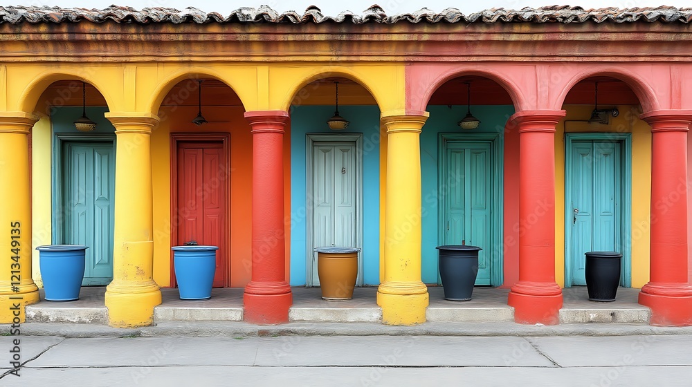 Fototapeta premium Colorful Building Facade With Archways And Doors