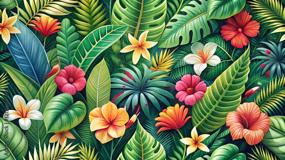 Naklejka premium tropical leaves and flowers background