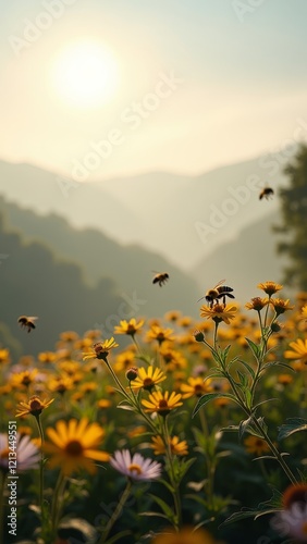 A group of bees flying over yellow flowers in a field