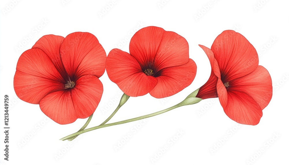 Vibrant red flowers with delicate petals and green stems arranged artistically on a white background Vibrant red flowers with delicate petals and green stems arranged artistically on a white background