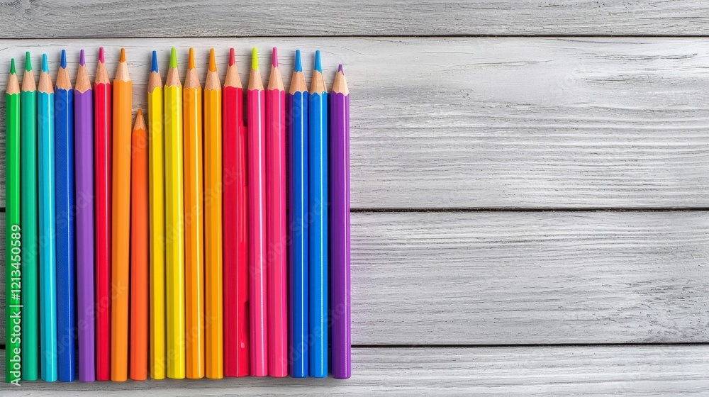 Colorful Pencils Arranged on Rustic White Wood Background, Ideal for Creative Designs and Art Projects