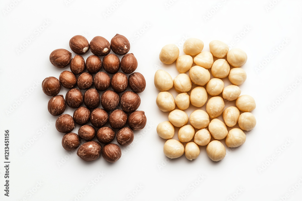 Peanuts and roasted macadamia nuts on white background, ideal for healthy snack and gourmet photos. Peanuts and roasted macadamia nuts on white background, ideal for healthy snack and gourmet photos.
