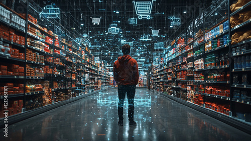 Man in supermarket aisle surrounded by digital shopping icons.