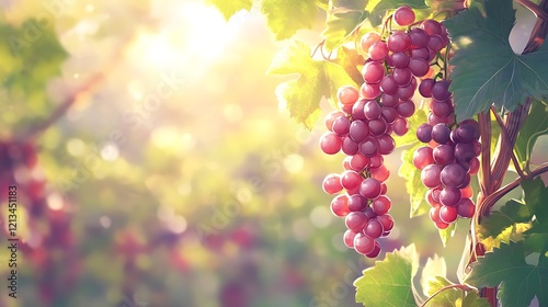 Cluster of grapes on the vine with a blurred vineyard background
