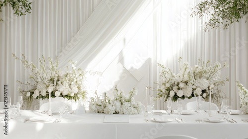 Elegant White Wedding Reception Decor: Minimalist Table Setting with Luxurious Floral Arrangements photo