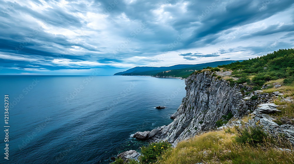 A beautiful view of the ocean with a rocky cliff in the background A beautiful view of the ocean with a rocky cliff in the background