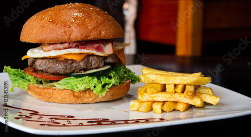 Schilderij op canvas hamburguesa de res  con papas fritas.