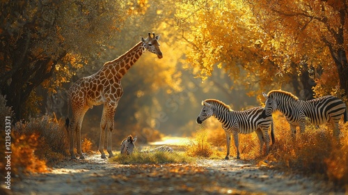 Giraffe and Zebras in Autumnal African Savanna