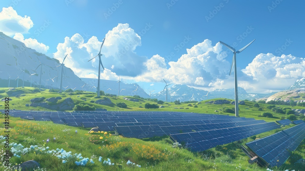 A renewable energy station with solar panels and wind turbines on a grassy plain, blending technology with nature under a clear blue sky. A renewable energy station with solar panels and wind turbines on a grassy plain, blending technology with nature under a clear blue sky.