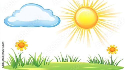Cartoon illustration of a sunny day with grass flowers and a cloud