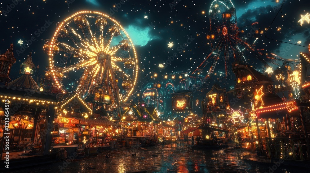 Naklejka premium Illuminated Ferris wheel and amusement park at night, reflecting lights on wet pavement under starry sky.