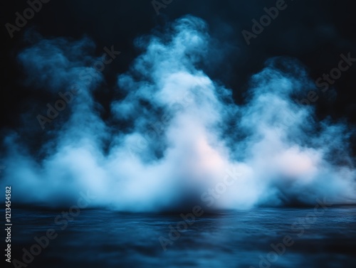 Ethereal blue smoke clouds over dark reflective surface.