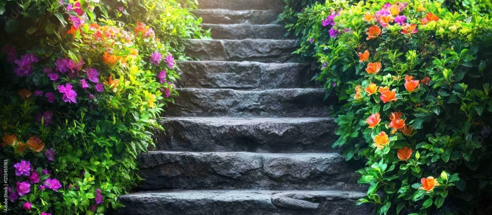 Stone steps lined with vibrant flowers in a garden. Stone steps lined with vibrant flowers in a garden.