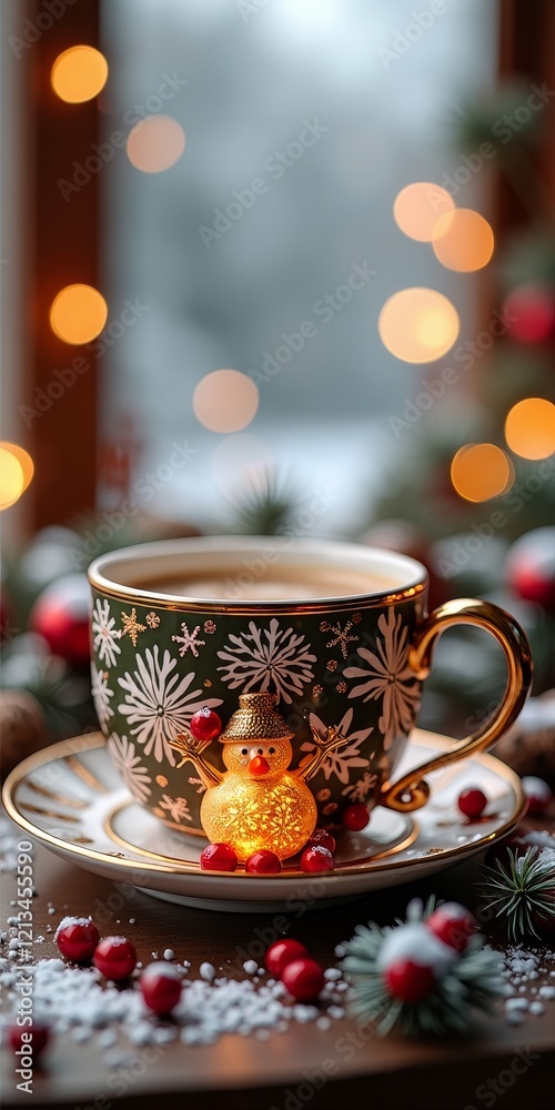 Fototapeta premium A festive holiday scene with a cup of hot chocolate and a snowman figurine