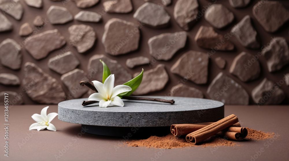Fototapeta premium Chocolate Themed Spa Commercial Banner with Frangipani Flower Cinnamon Roll and Stone Product Display Realistic 3D Podium for Mockup