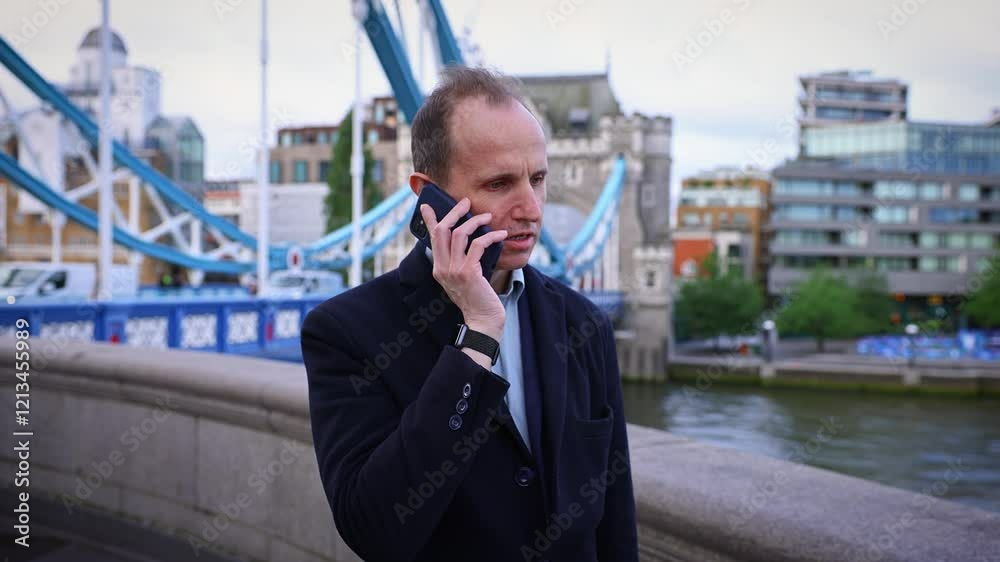 Middle aged man talking on his phone in London England Middle aged man talking on his phone in London England