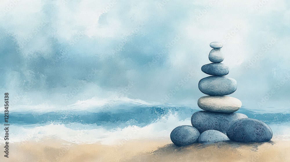 Balanced stones on beach, stormy ocean background. Balanced stones on beach, stormy ocean background.