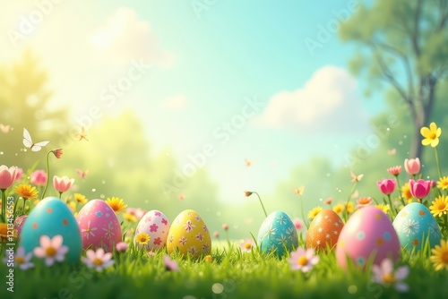 Vibrant Easter eggs nestled among blooming flowers in a sunlit meadow during springtime